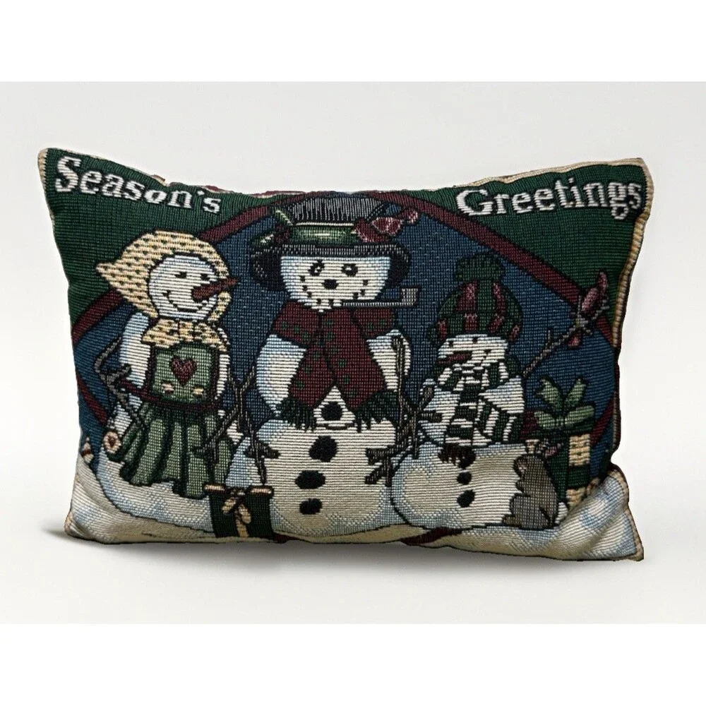 Vintage Christmas Tapestry Pillow Snowmen Holiday Decor Needlepoint Style 12”x8”